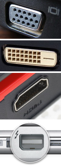 Так выглядят разъёмы VGA, DVI, HDMI и Thunderbolt (miniDispalyPort)